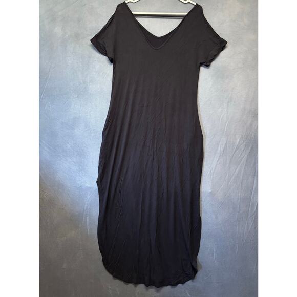 Grecerelle Black Short Sleeve V-Neck Maxi Dress with Pockets Casual Boho Chic - Picture 2 of 14